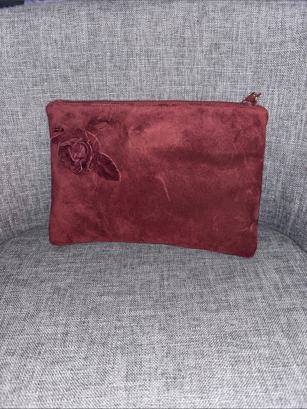 Suede Rose Accent Burgundy Wristlet Clutch